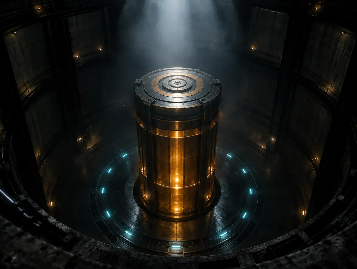 A sealed copper-banded core glowing amber at the bottom of a circular concrete pit, ringed by cyan lights.