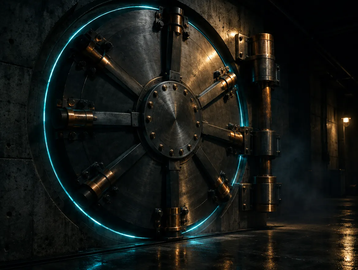 A circular steel blast door with copper bolts and a ring of cyan light.
