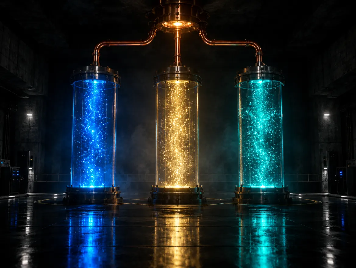 Three glowing glass cylinders, blue, gold and teal, fed by copper pipes from one junction.